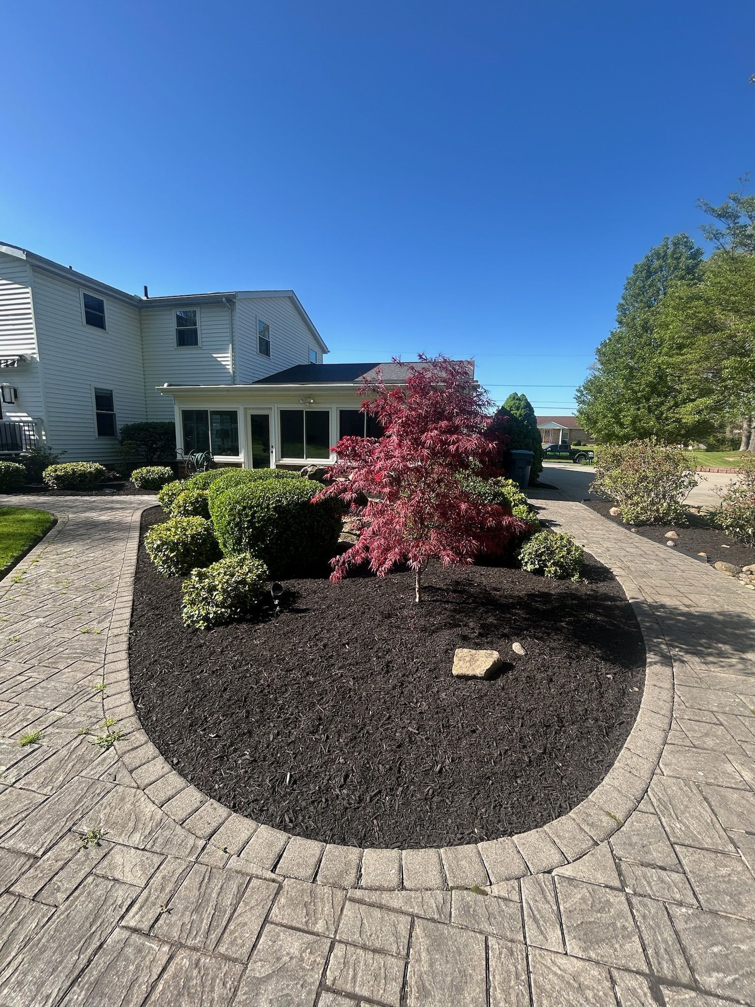 Oval flowerbed with dark mulch, pink tree, and green bushes, bordered by stone path, against a white house and blue sky.