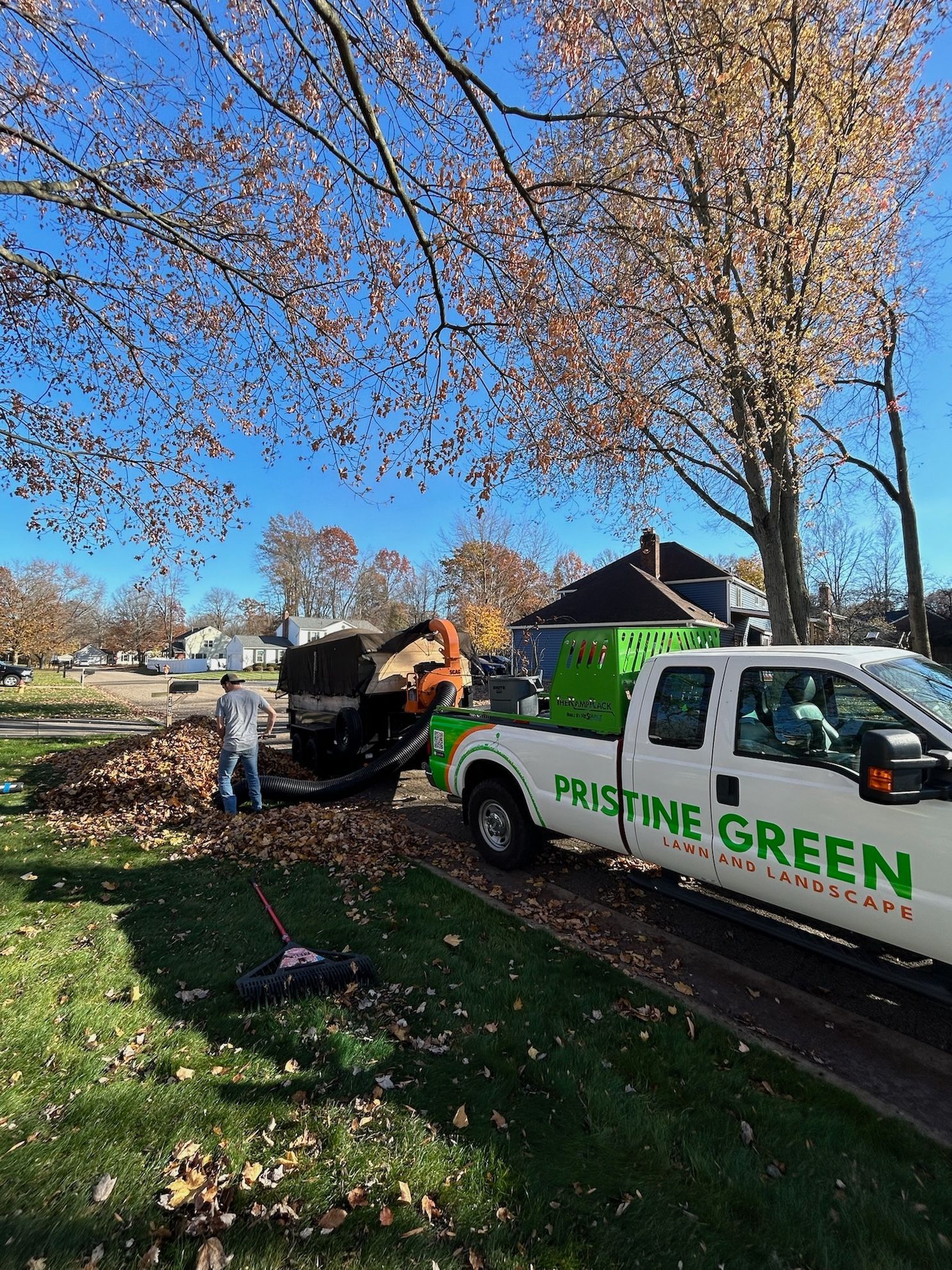 A white truck is parked on the side of the road next to a tree.