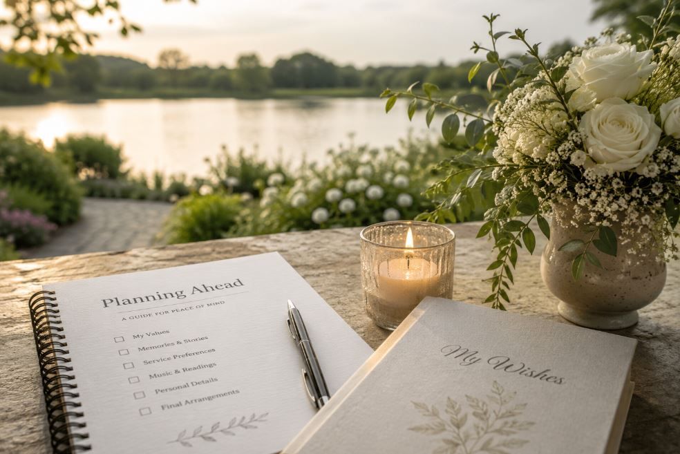 Planning ahead notebook for Zionsville, IN funeral homes with flowers and soft candlelight