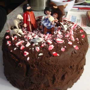 Christmas cake with Mary, Joseph, Baby Jesus figures