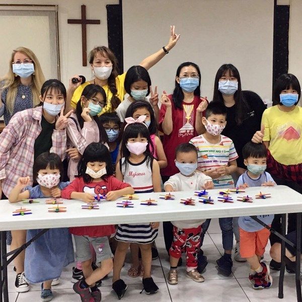 Children in masks at a Sunday school in Taiwan. 