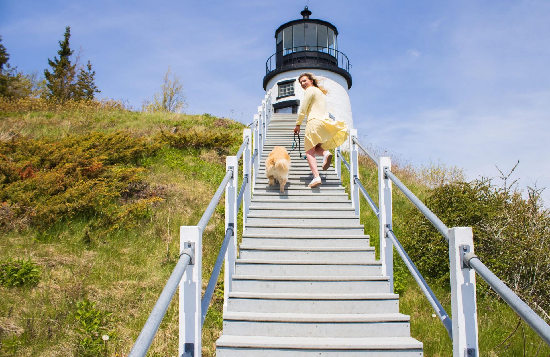 A woman and her dog are walking up the stairs to a lighthouse.