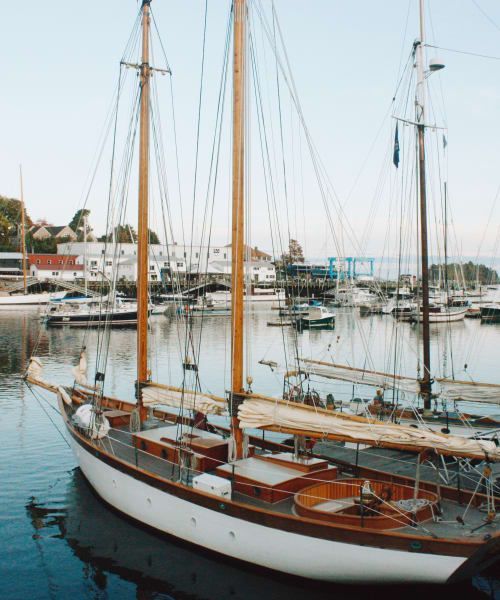 A sailboat is docked in a harbor with other boats