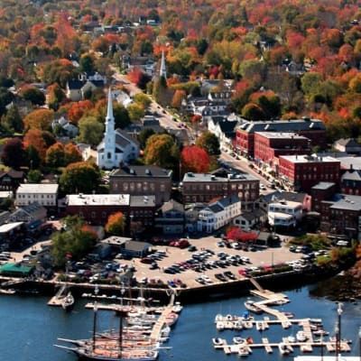 An aerial view of a small town surrounded by trees and water
