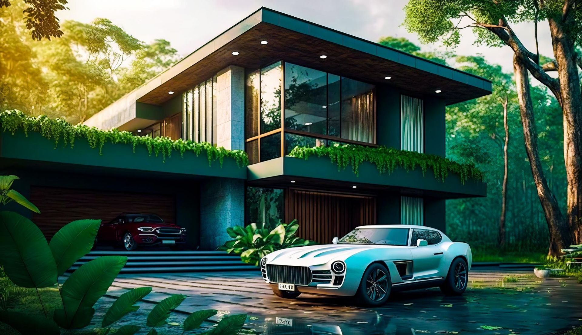 A car is parked in front of a modern house surrounded by trees.