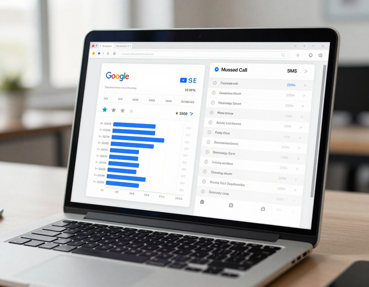 Scaleframes dashboard showing Google reviews and missed-call SMS log