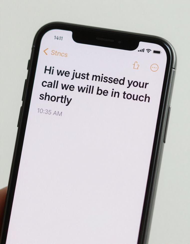 Phone screen showing automatic missed-call SMS notification