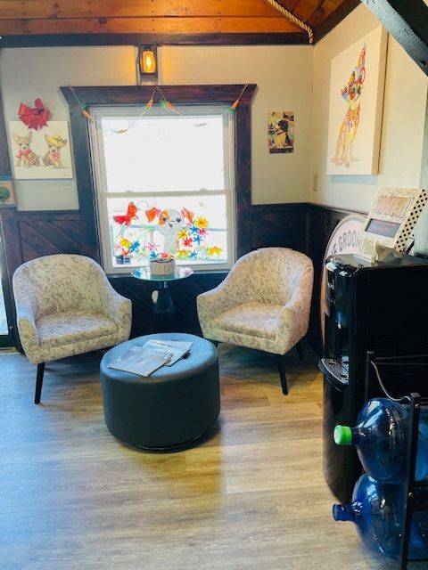 A waiting room with two chairs and an ottoman