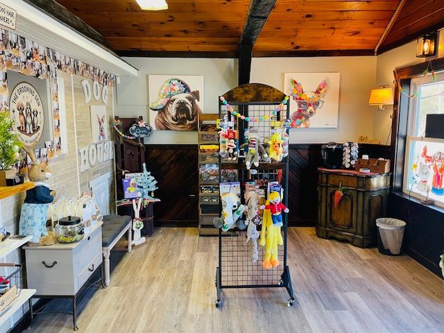 A room filled with lots of toys and paintings on the wall.