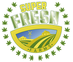 Green farm logo reading “SUPER FRESH FARMS” with fields, windmill, and leaf border