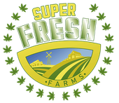 Green farm logo reading “SUPER FRESH FARMS” with fields, windmill, and leaf border