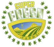 Green farm logo reading “SUPER FRESH FARMS” with fields, windmill, and leaf border