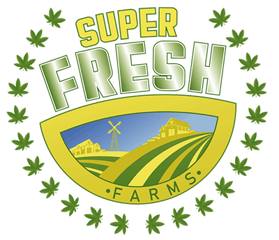 Green farm logo reading “SUPER FRESH FARMS” with fields, windmill, and leaf border