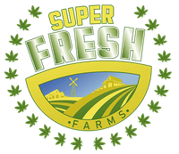 Green farm logo reading “SUPER FRESH FARMS” with fields, windmill, and leaf border