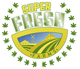 Green farm logo reading “SUPER FRESH FARMS” with fields, windmill, and leaf border