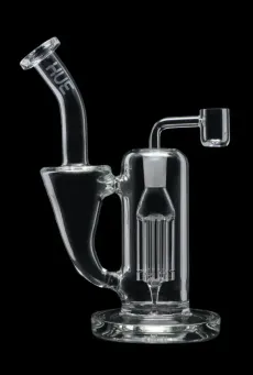 Clear glass water pipe with curved mouthpiece and side chamber on a black background