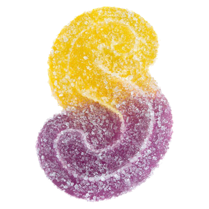 Yellow and purple swirled candy coated in sugar, shaped like a yin-yang circle