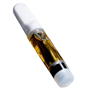 Transparent vape pen cartridge with amber liquid and white caps, isolated on a white background