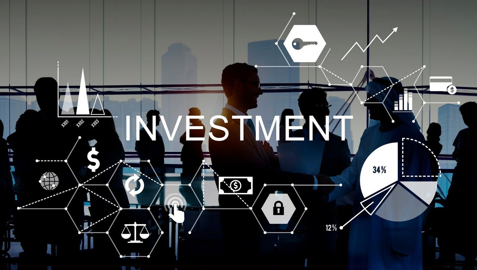 A group of people are standing in front of a screen that says investment.