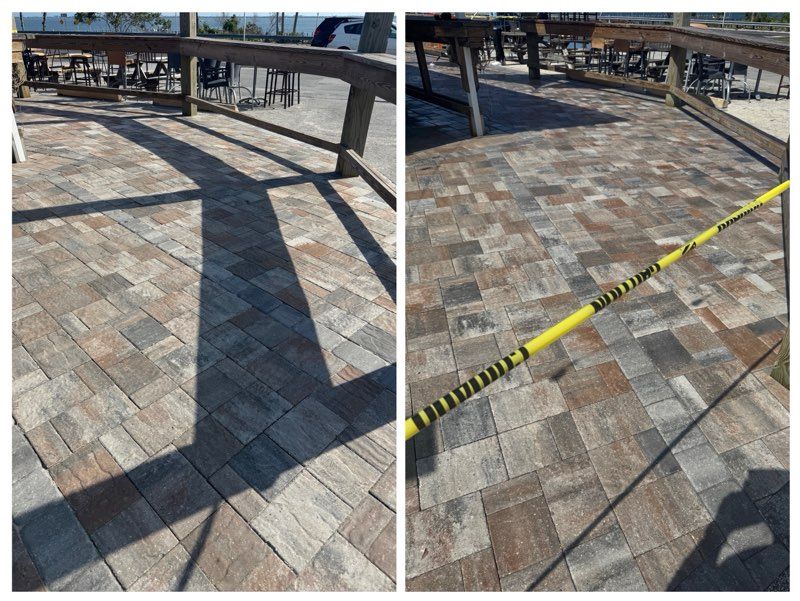 Two photos of a brick patio, the right has caution tape. Wooden railing casts a long shadow on the bricks.