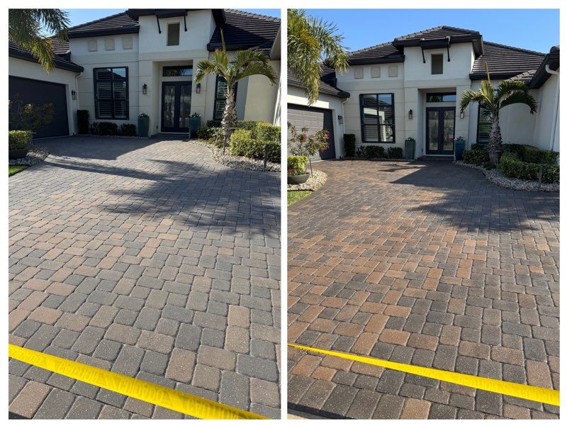A before and after photo of a brick driveway in front of a house.