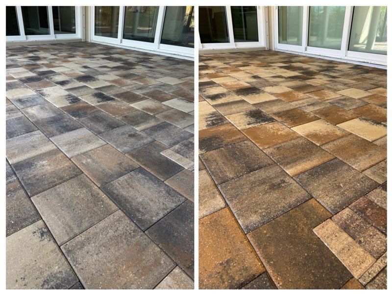 Two side-by-side photos of a brick patio. Left side is dirty, right side is clean and lighter colored.