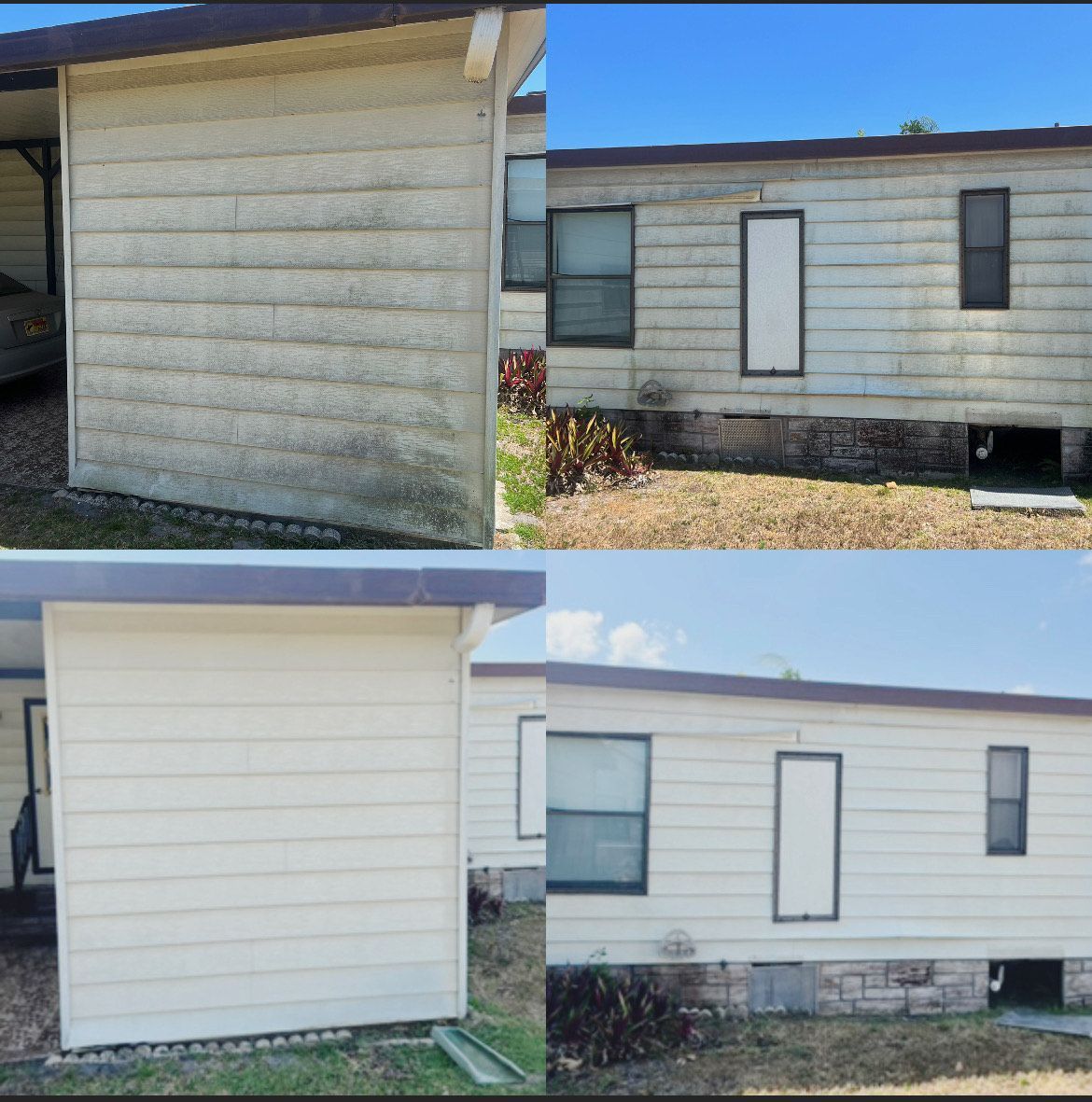 A before and after picture of a mobile home