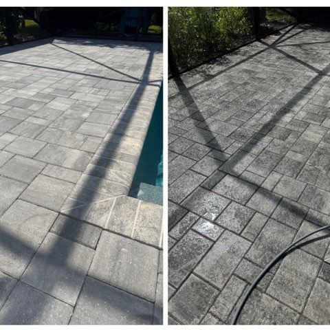 Two photos of a brick patio, one before and one after cleaning. The patio surrounds a pool.
