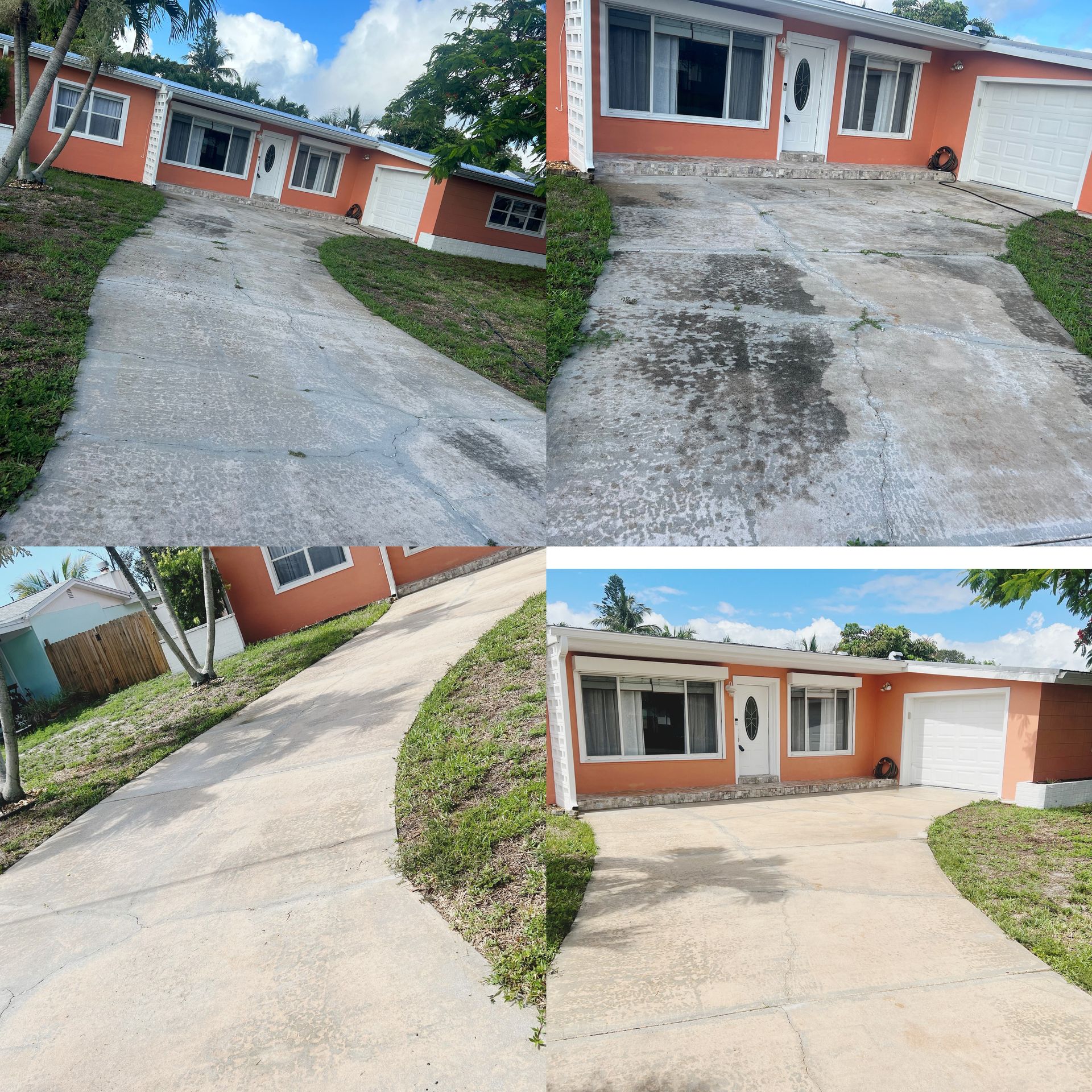 A before and after photo of a driveway leading to a house