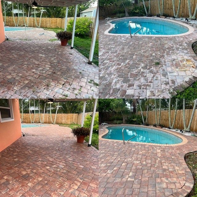 A brick patio with a swimming pool in the backyard