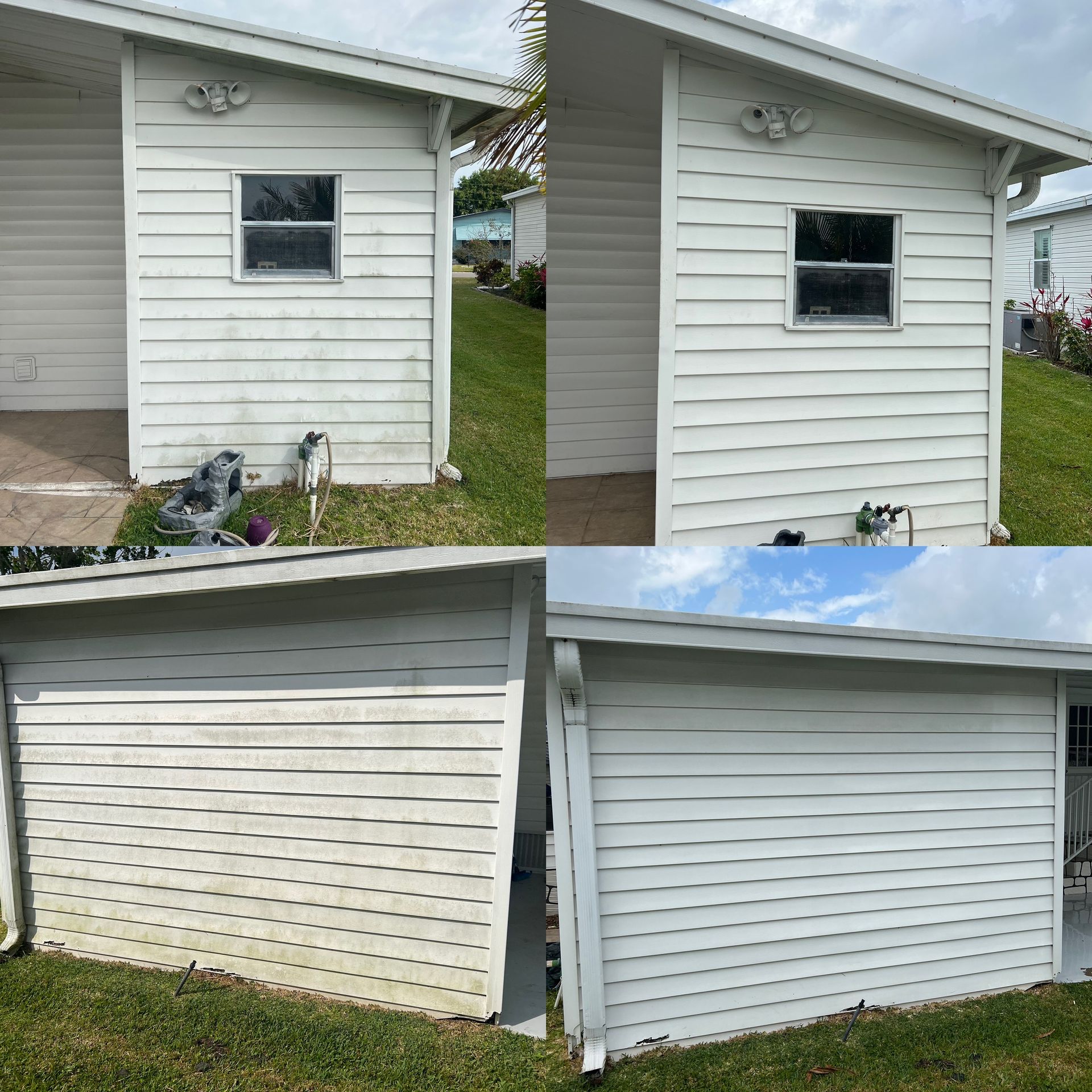 A collage of four pictures of a white house before and after being cleaned.