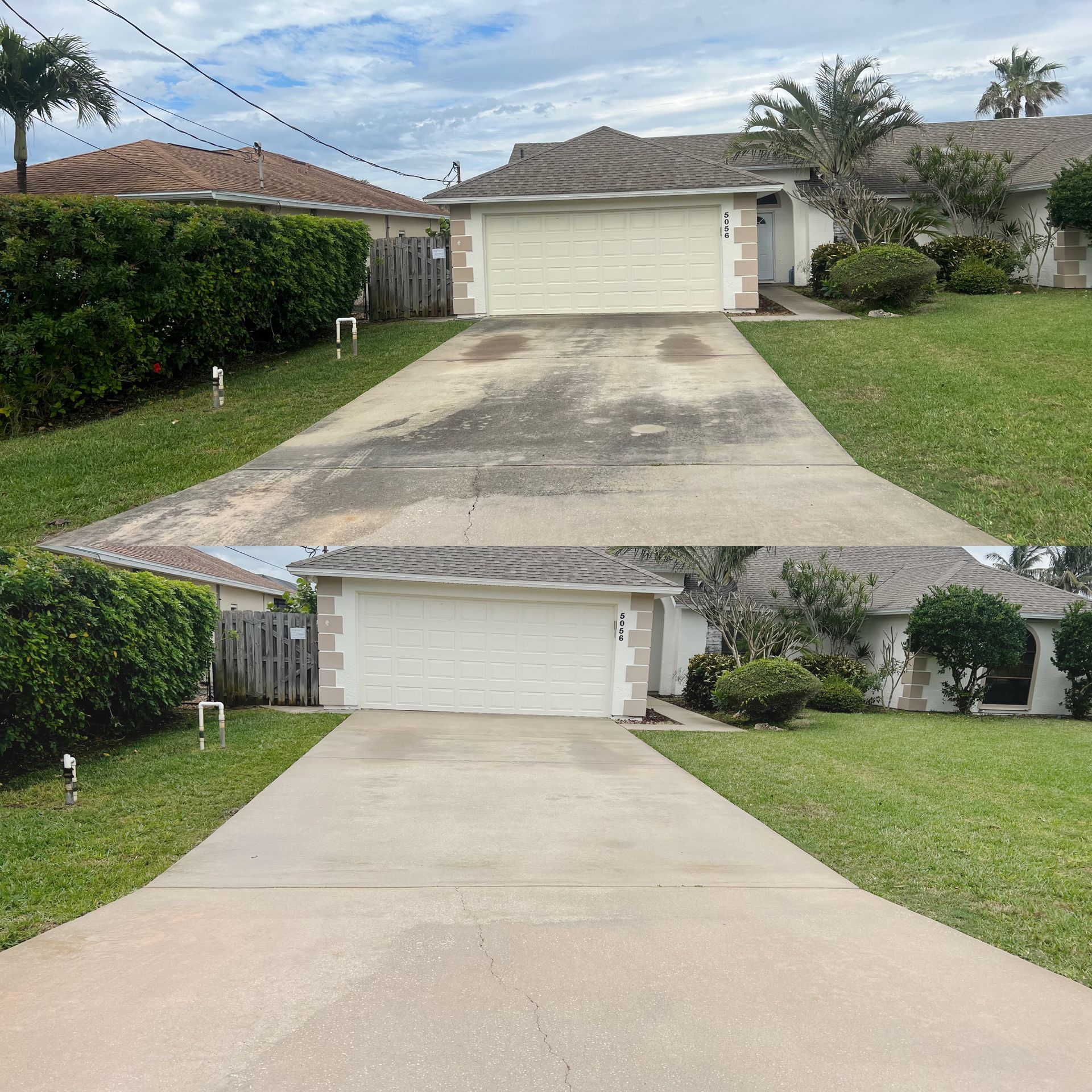 A before and after photo of a driveway leading to a house.