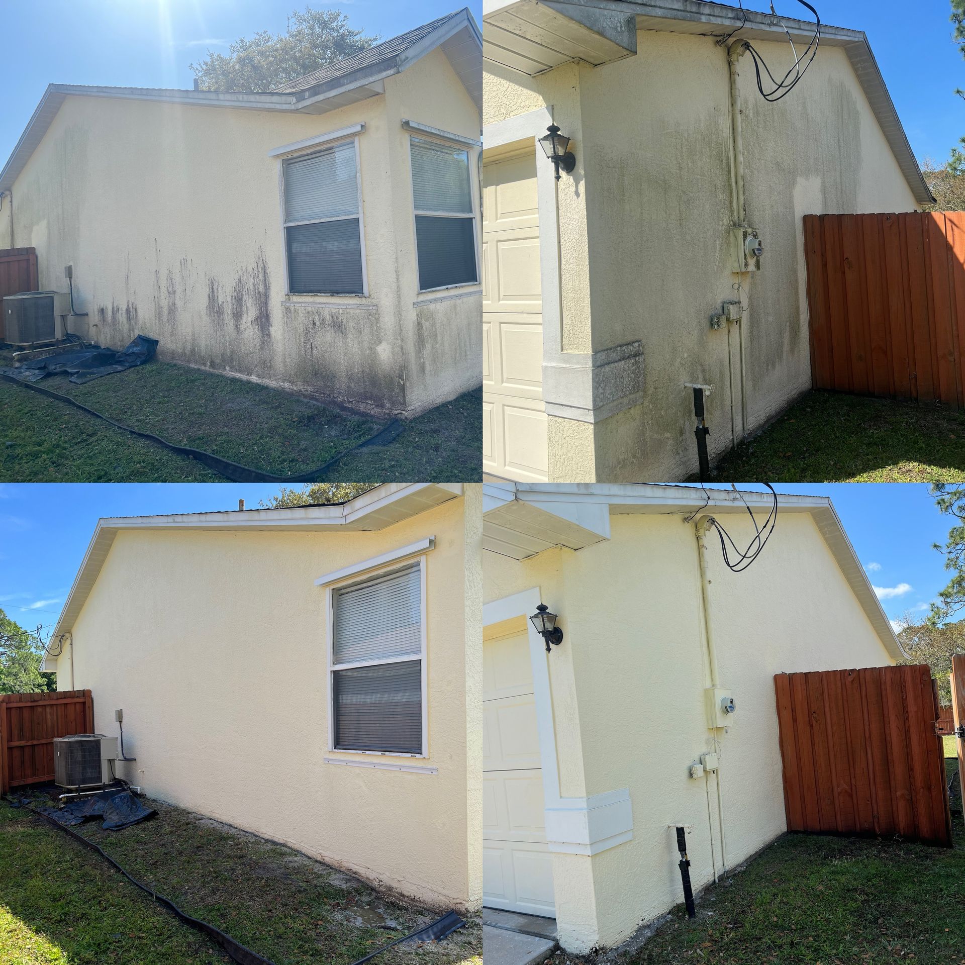 A before and after picture of a house that has been painted white.