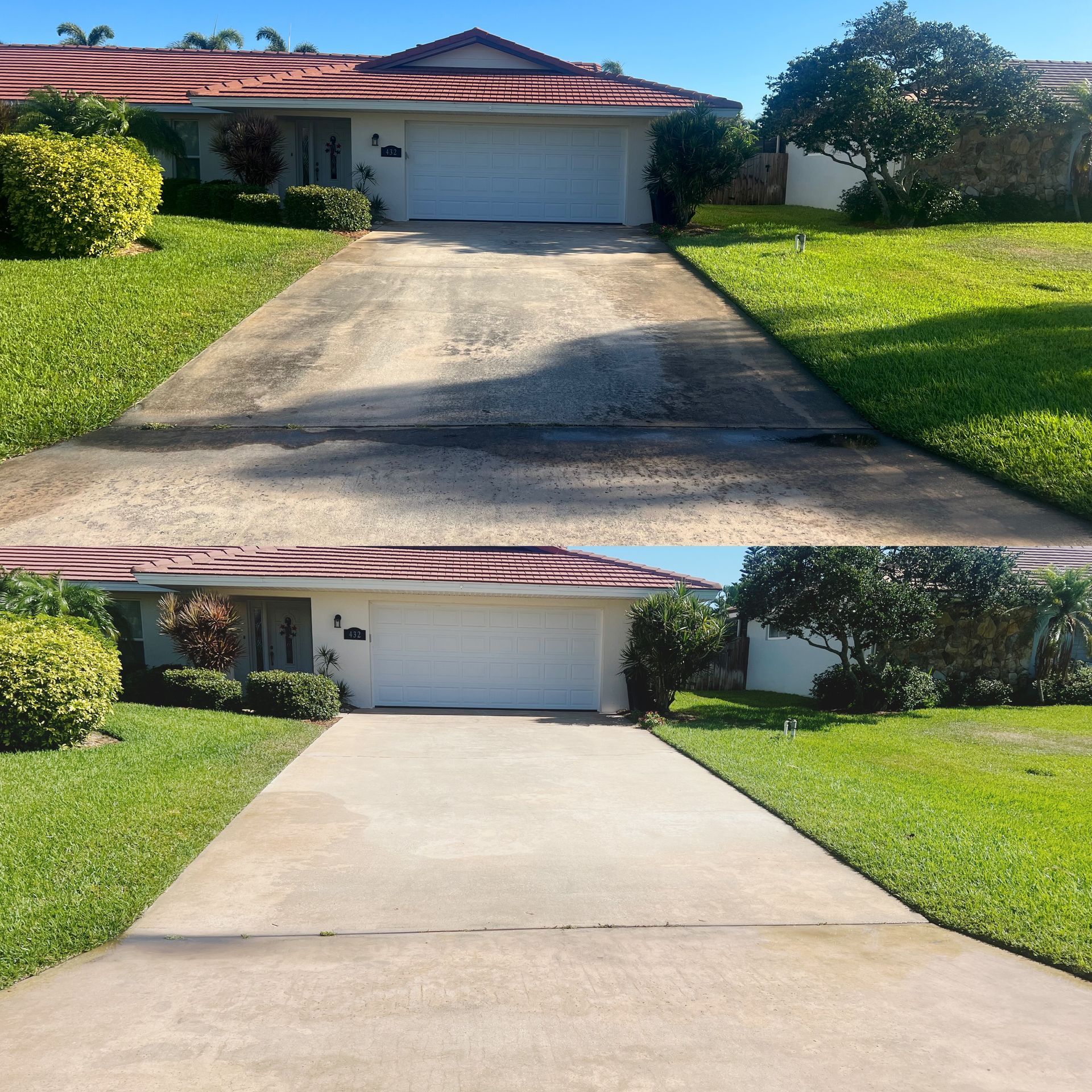 A before and after photo of a driveway in front of a house