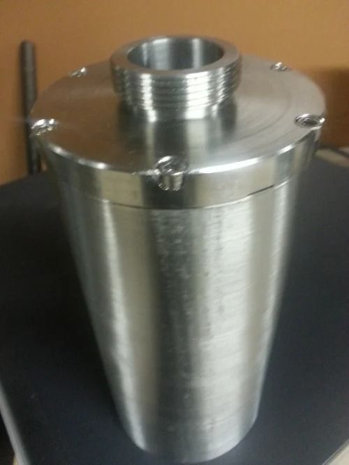 Stainless steel cylindrical container with a threaded top and small bolts.