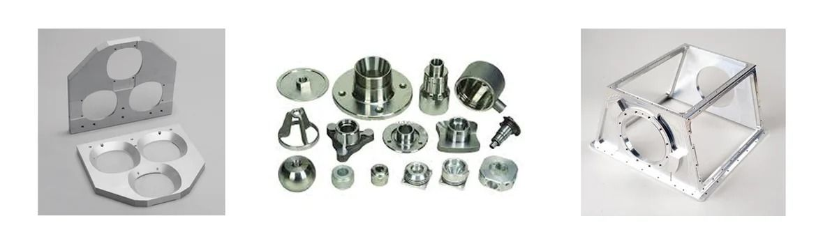 Assortment of manufactured metal parts, including plates, fixtures, and a frame.