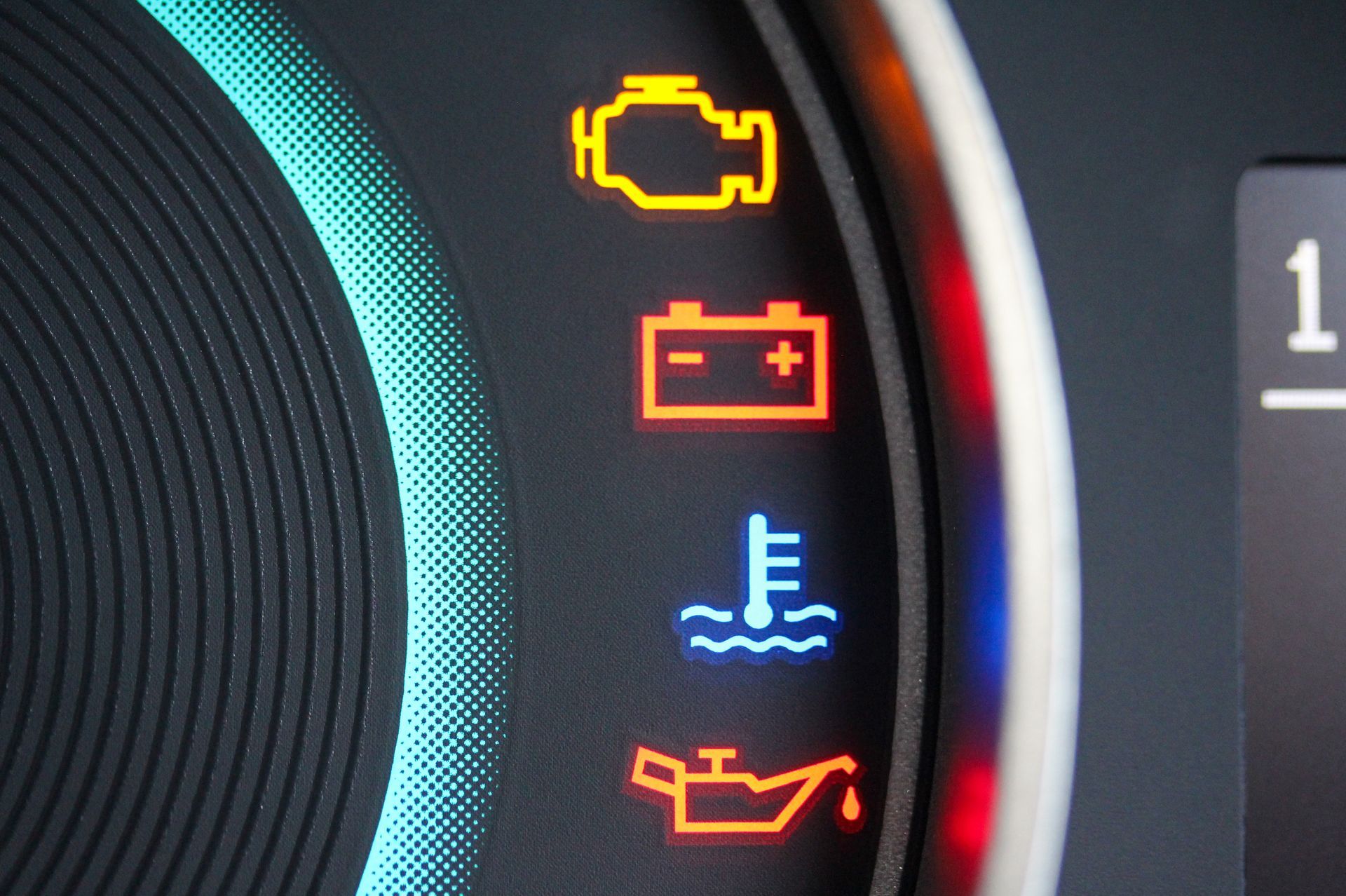 Dashboard warning lights glowing: check engine, battery, coolant, and oil symbols on a car display. | Ron's Auto & RV