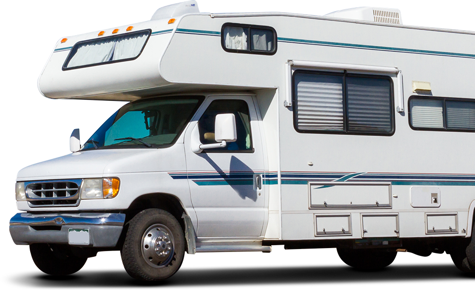 White camper van with blue stripes and over-cab sleeping area, parked on a road | Ron's Auto & RV