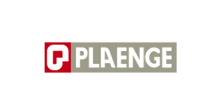 Logotipo PLAENGE com ícone vermelho e texto branco sobre fundo cinza.