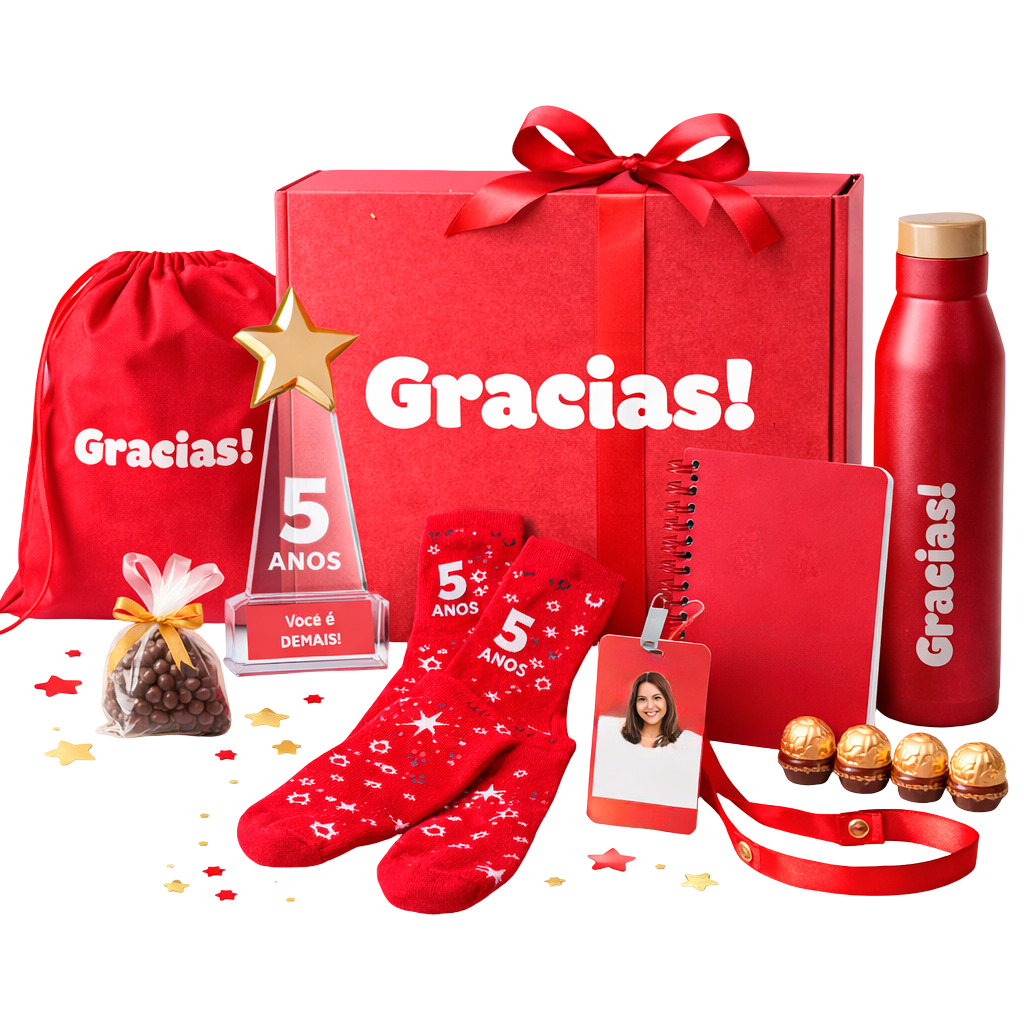 Kit de presente vermelho com caixa, uma sacola, uma garrafa, um bloco de notas, meias, chocolates e um prêmio de 5 anos.