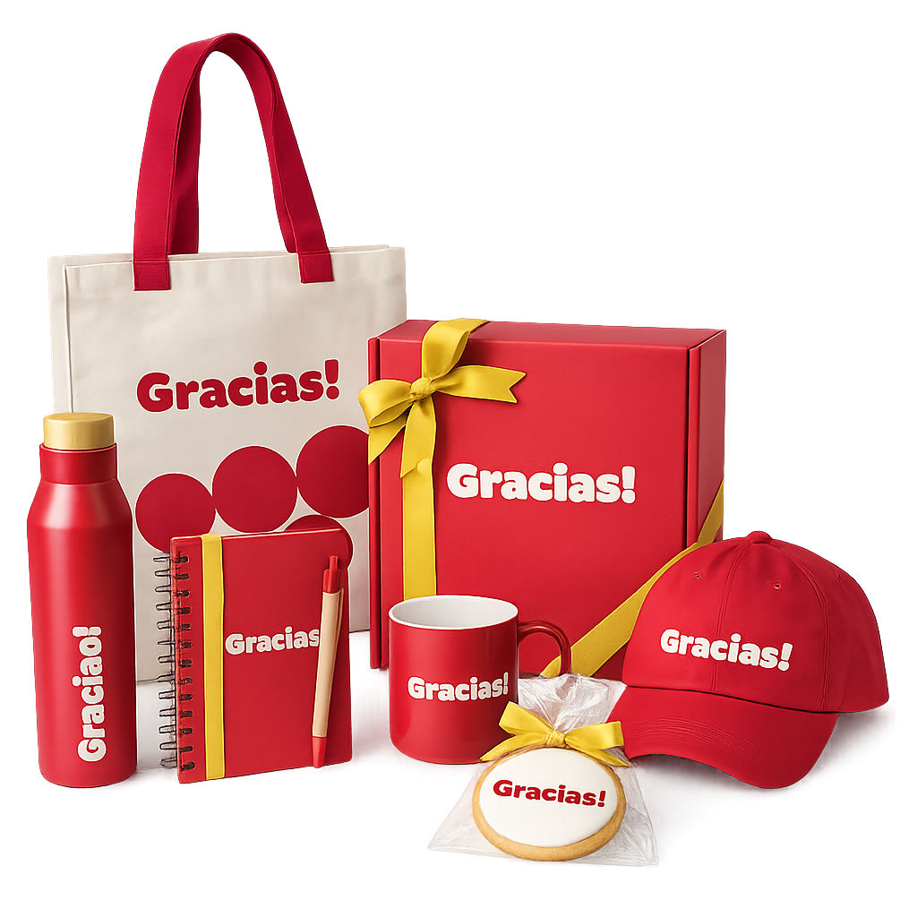 Kit de presente com uma sacola, garrafa, caderno, caneca, boné e biscoito, todos com a inscrição 