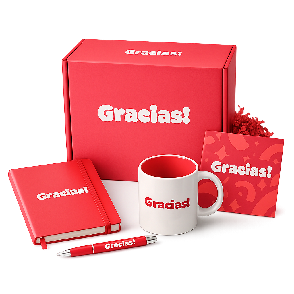 Uma caixa de presente rosa, um caderno, uma caneta e uma caneca branca, todos com a palavra 