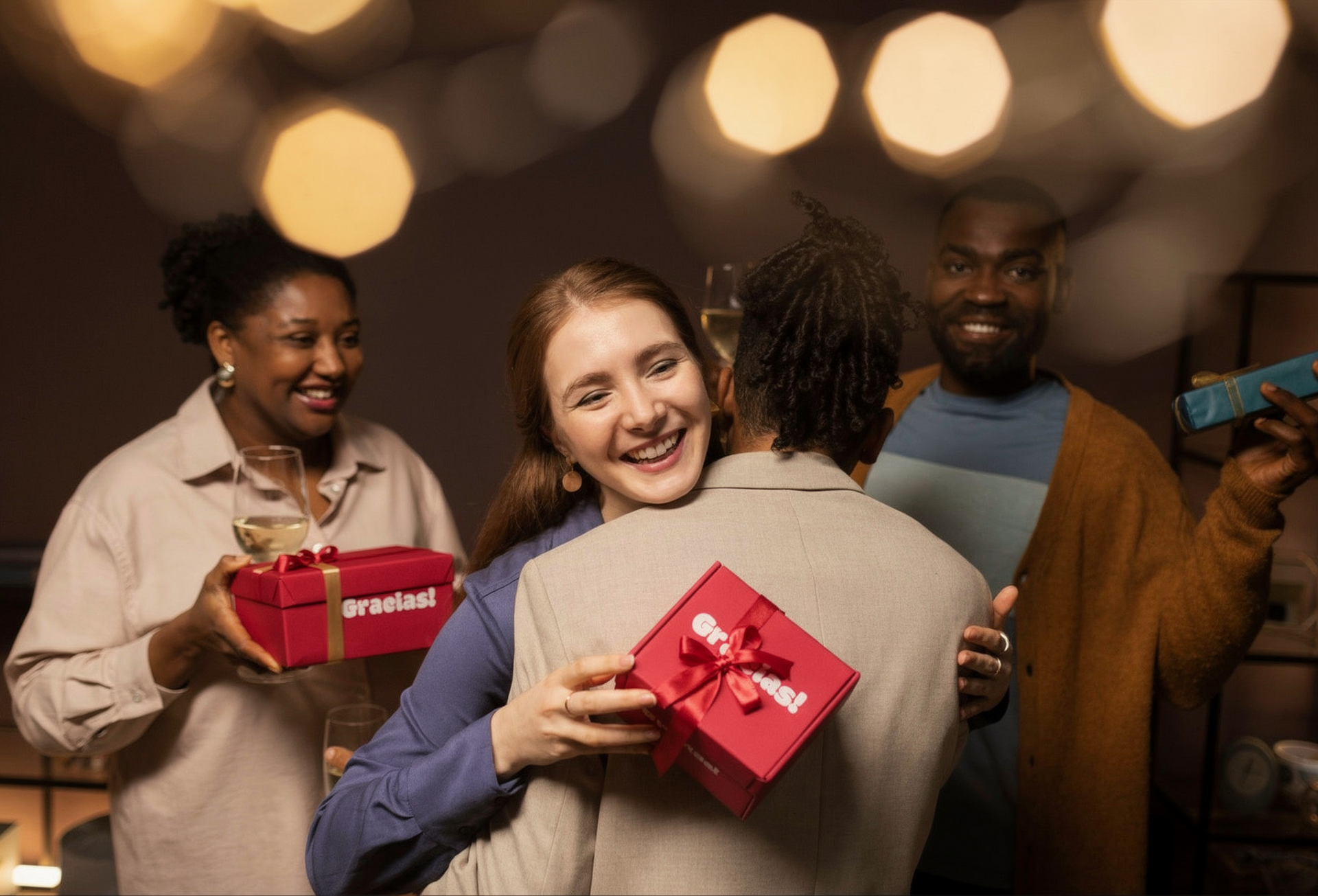 Quatro pessoas comemoram juntas enquanto uma abraça a outra, ambas segurando caixas de presente rosa em uma festa.