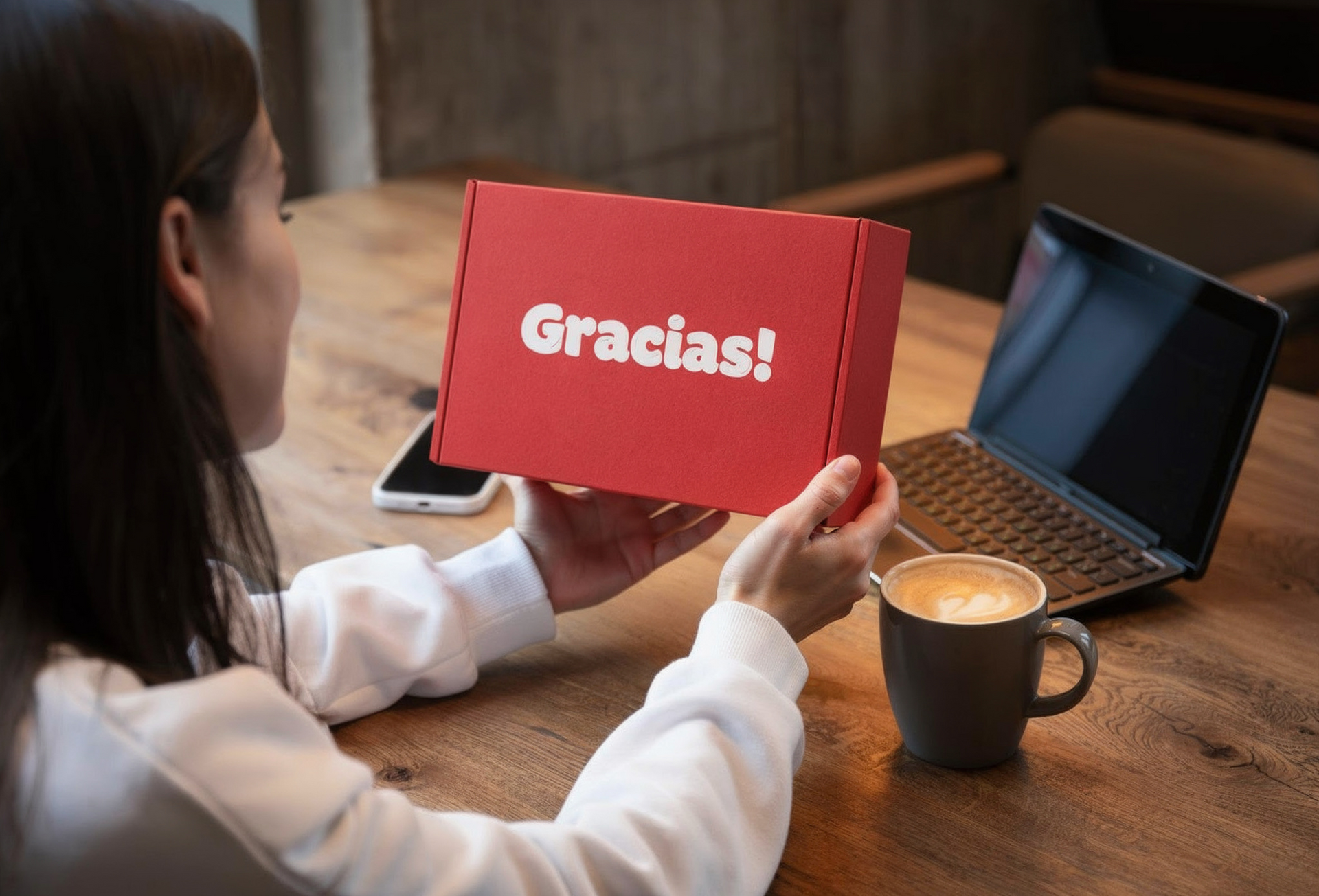 Uma pessoa segura uma caixa vermelha escrito 