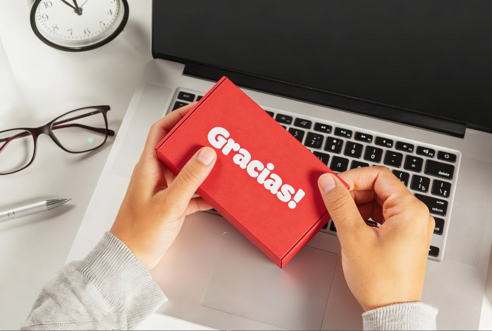 Um par de mãos segura uma caixa rosa escrito 