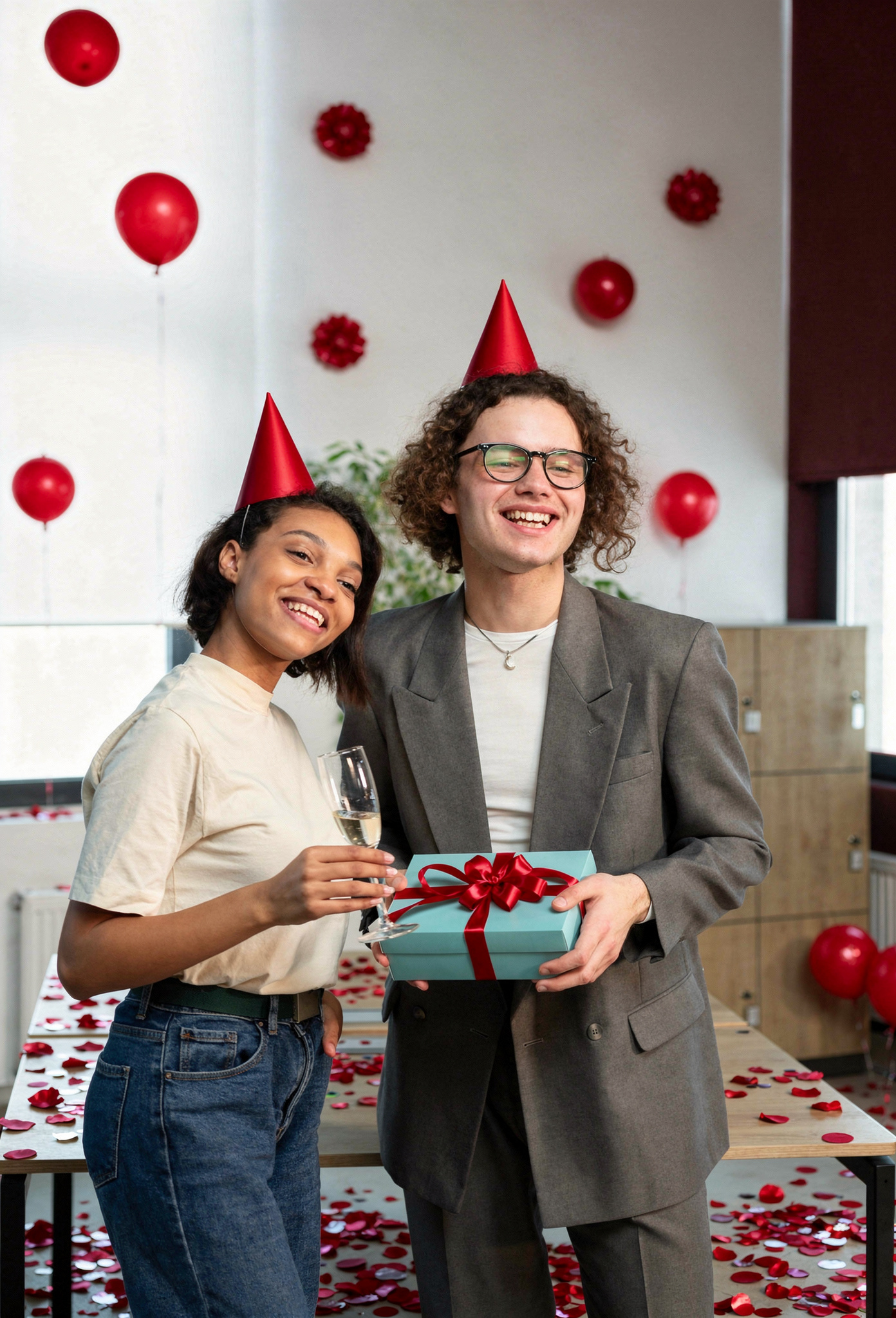 Duas pessoas usando chapéus de festa, segurando um presente e um copo em uma sala decorada com balões vermelhos e confetes.