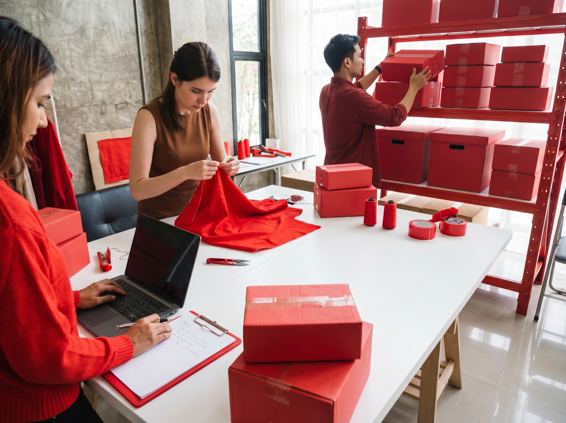 Pessoa sorridente segura uma caixa vermelha escrito 