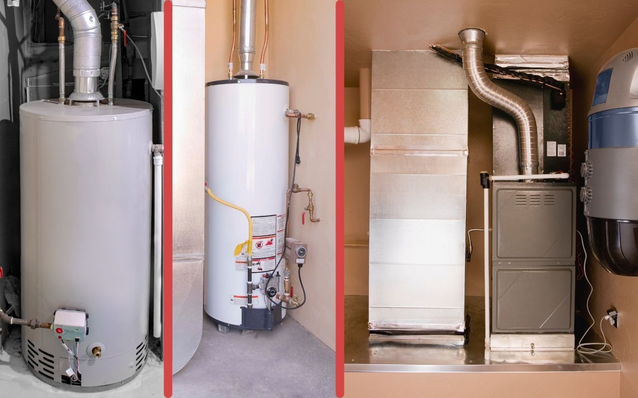 A room with a water heater and an air conditioner