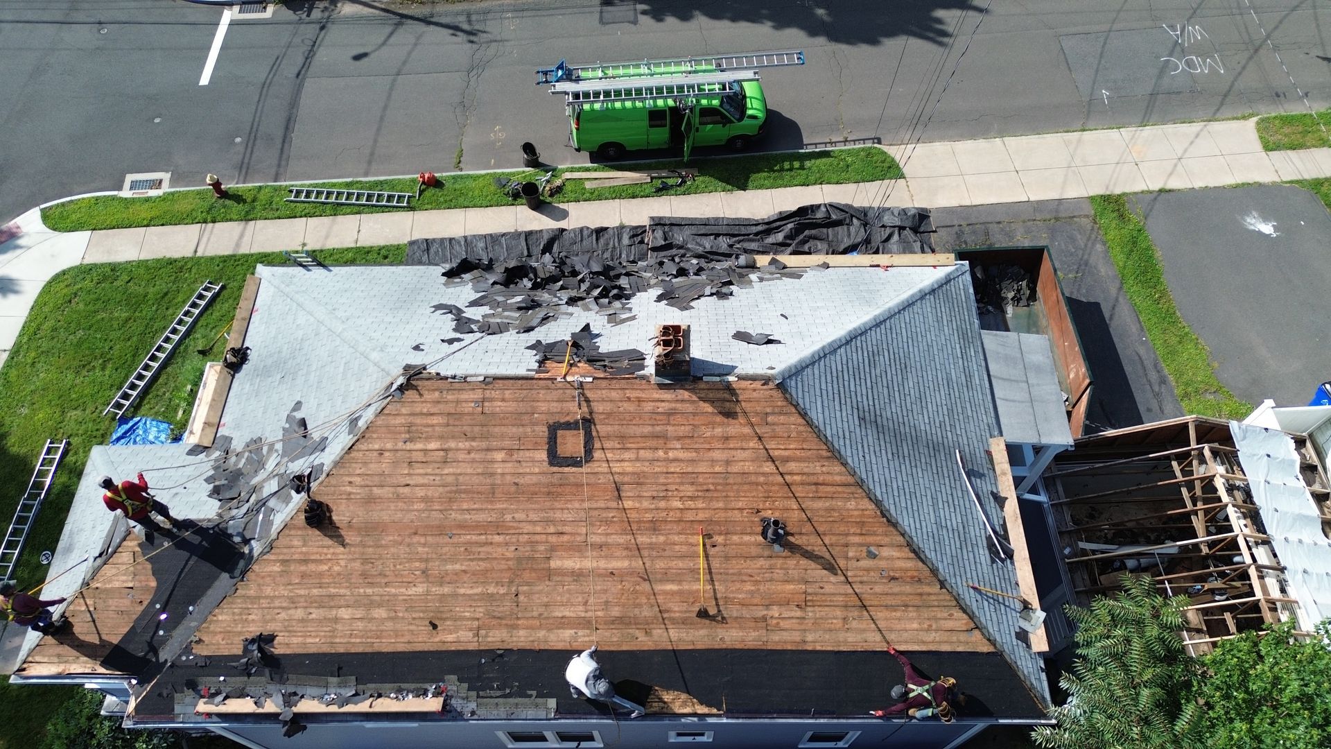 An aerial view of a house that is being remodeled