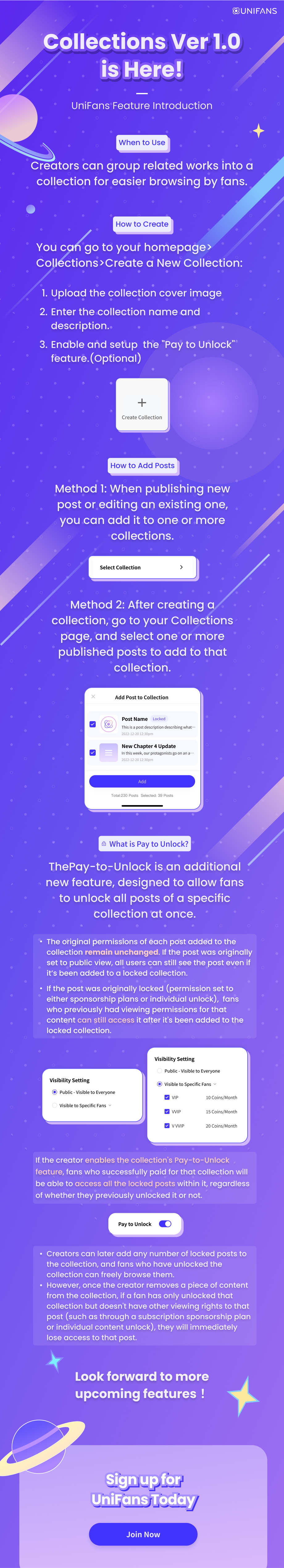 learn how to create a new collection, add posts and pay to unlock option.